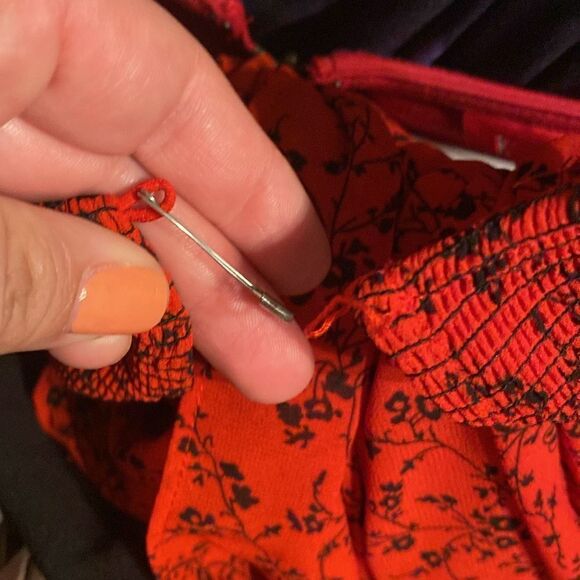 Like New Zara Petite Black Floral Print Smocked Maxi Red Dress - Picture 7 of 7